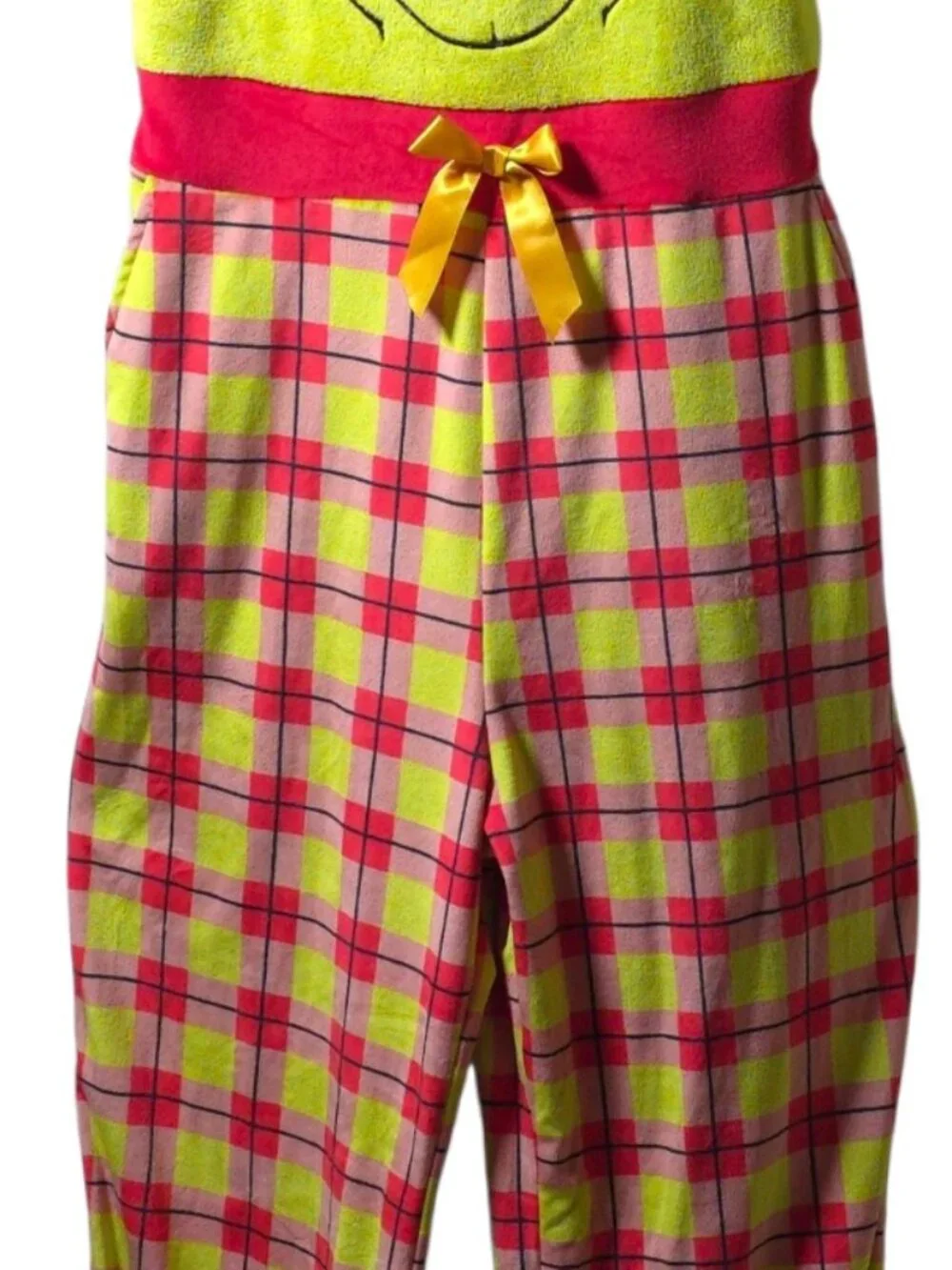 The Grinch Small Christmas Pajama Overalls Plaid Fuzzy Trim Dr Seuss Jumpsuit